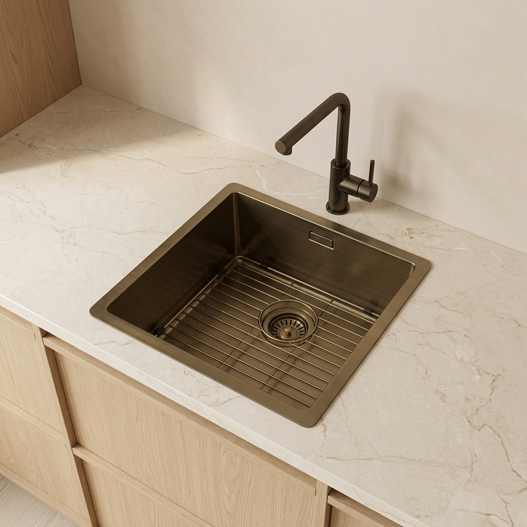 Pure.Sink Luxion PVD Antiek Bronzen spoelbak 36x40 cm onderbouw, vlakinbouw en opbouw met bodemrek PLX3640-64